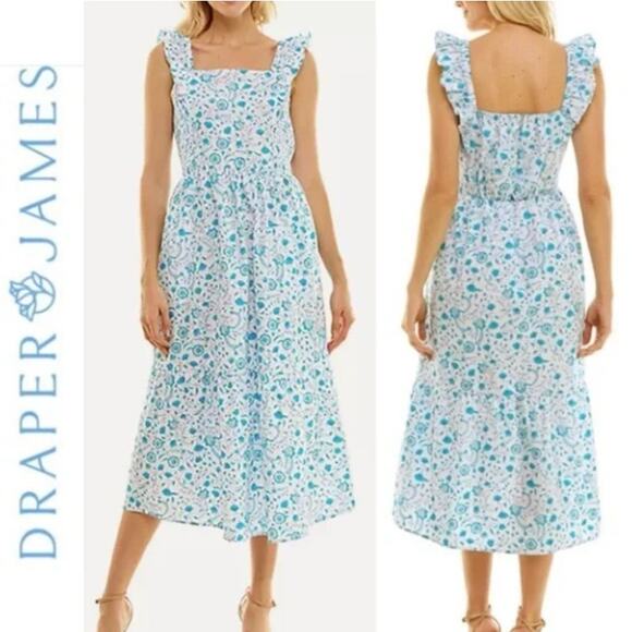 Draper James Womens Size Large Floral Smocked Ruffle Strap Midi Dress Blue White - Picture 1 of 12